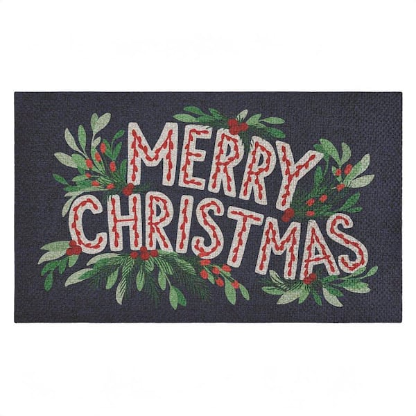 Merry Christmas with Foliage Blue 18 in. x 30 in. Polyester Non-Slip Outdoor Door Mat