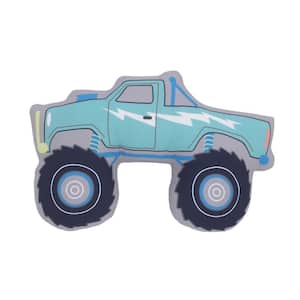 Teal, Blue and Grey Monster Truck Shaped Toddler 9 in. x 14 in. Throw Pillow