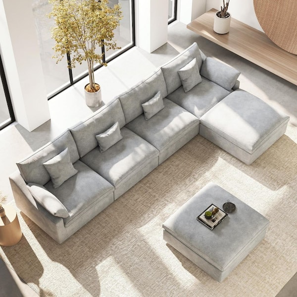156 in. Square Arm Oversized Deep Seat Linen 6-Piece U-Shaped Modular Sectional Sofa with Storage Ottoman in Gray