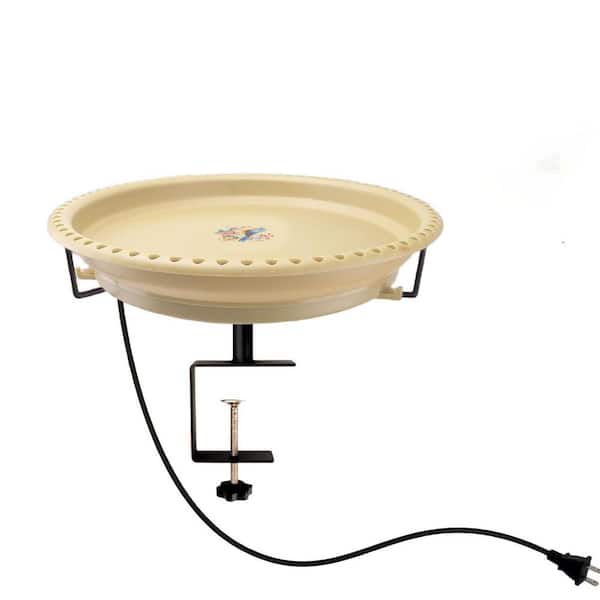 13.3 in. Dia Khaki Heated Bird Baths for Outdoors, Plastic Bird Bath for Deck Railing- Beige