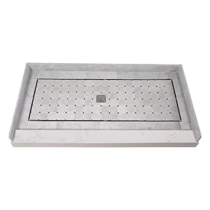 Pre-Tiled 60 in. L x 32 in. W Alcove Shower Pan Base with Center Drain in. White Square