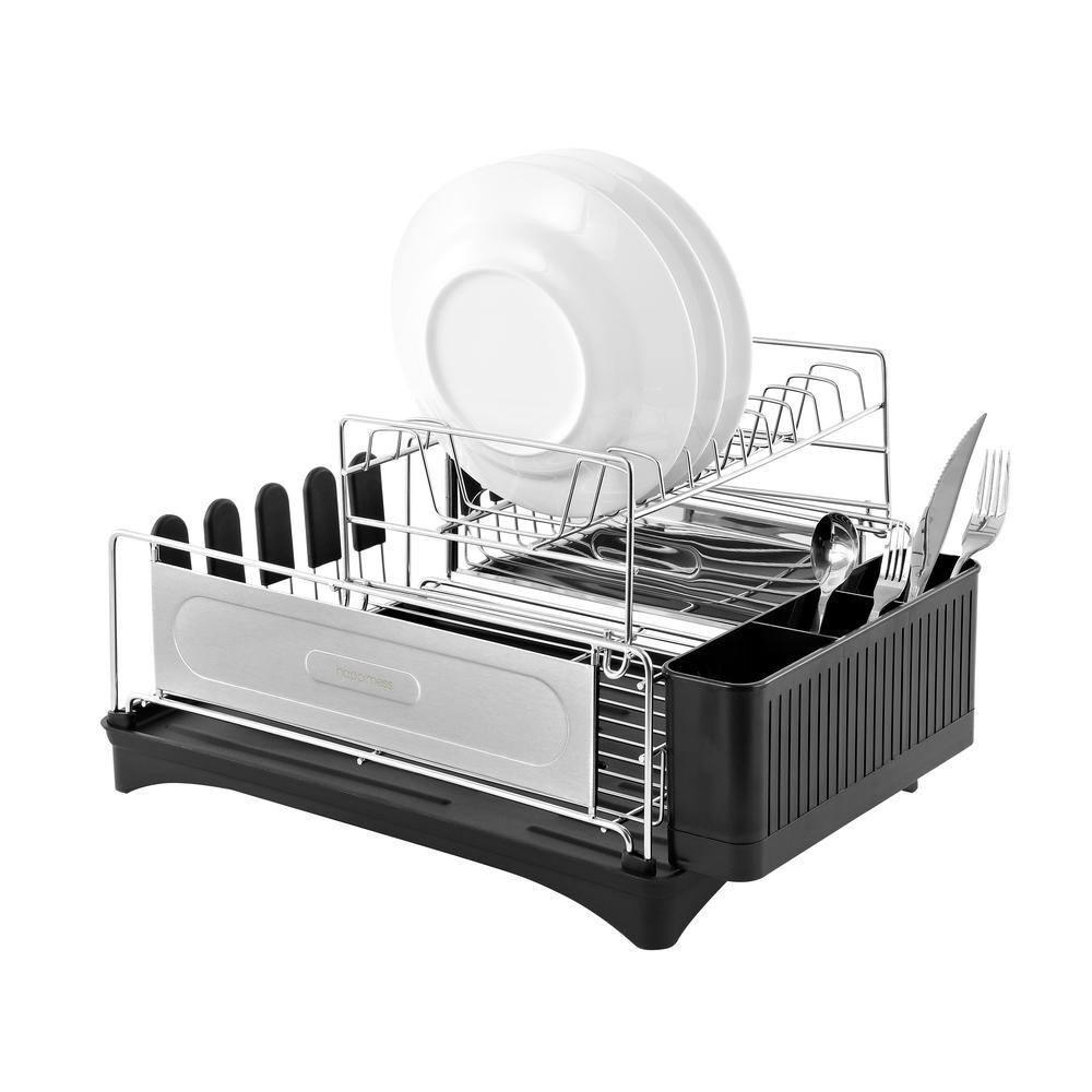 Compact 18.25" Stainless Steel 2-Tier Dish Drying Rack with Utensil Holder