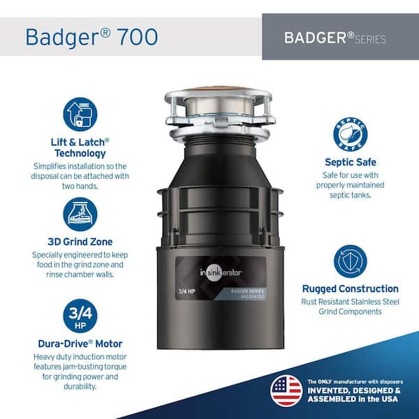 Badger 700, 3/4 HP Continuous Feed Kitchen Garbage Disposal with Boost Injection System, Badger Series