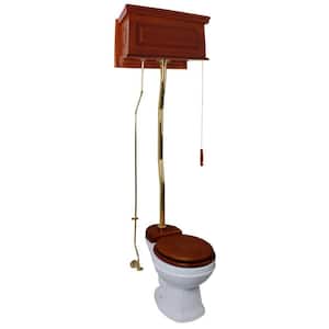 Mahogany Wooden High Tank Pull Chain Toilet 2-Piece 1.6 GPF Single Flush Round Bowl in White with Brass Z Pipe
