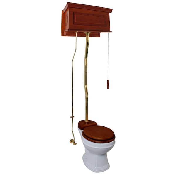 RENOVATORS SUPPLY MANUFACTURING Mahogany Wooden High Tank Pull Chain Toilet 2-Piece 1.6 GPF Single Flush Round Bowl in White with Brass Z Pipe