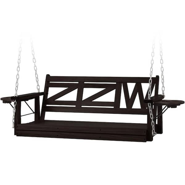 Heavy Duty Wood Porch Swing, 550 LBS Outdoor Patio Swing Bench with Hanging Chains and Upgraded Cupholders, Dark Brown