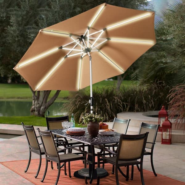 9FT Patio Solar Umbrella Waterproof Sunscreen LED Patio Tilt Outdoor New 