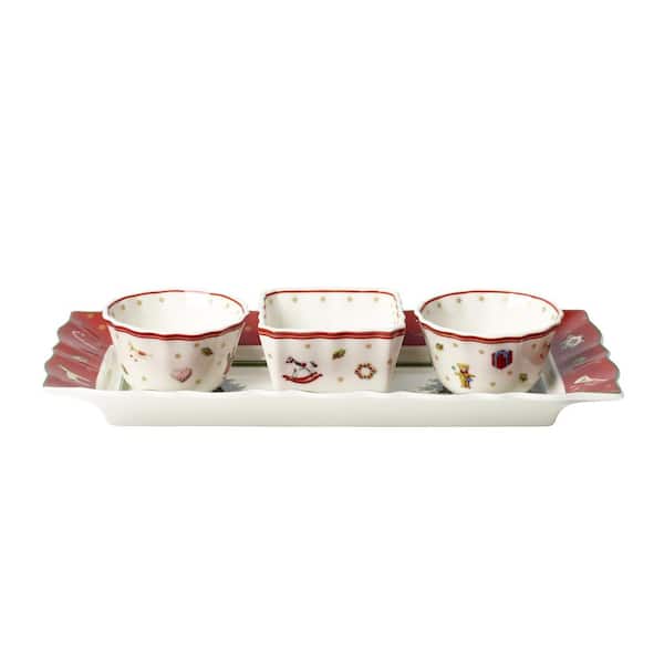 10 in. x 4.75 in. x 2 in. Toy's Delight Red and White Porcelain Dip Set with Rectangular Tray and three 2 oz. Dip Bowls