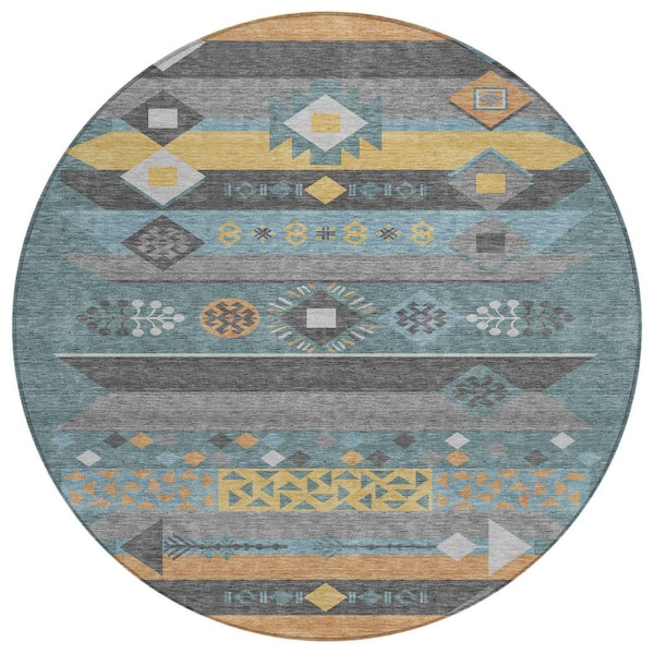 Chantille Machine Washable Indoor/Outdoor Abstract ACN2499 Teal 8 ft. x 8 ft. Round Rug