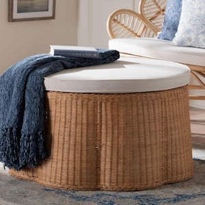 Palm Light Honey Rattan and Fabric 32 in. Round Ottoman