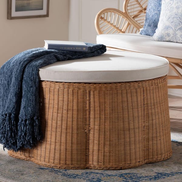 Palm Light Honey Rattan and Fabric 32 in. Round Ottoman