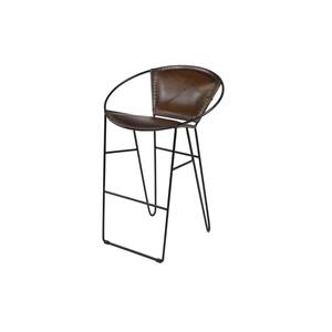 24 in. Tall Brown Leather Bar Stool with Geometric Black Iron Frame and Footrest