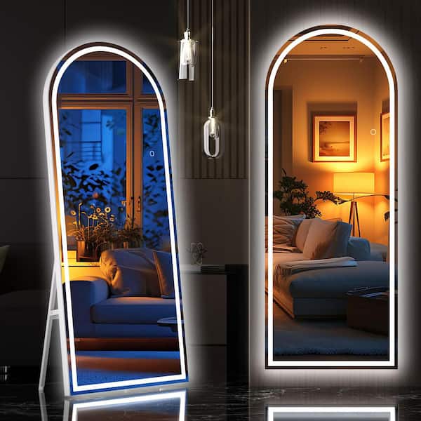 Unbranded 24 in. W x 69 in. H White Frame Arch LED Full-Length Mirror, Adjustable Brightness and Colors, Tempered Glass