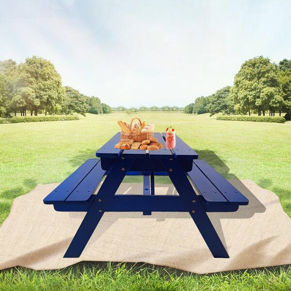 29.53 in. Blue Rectangle Wood Kids' Picnic Table Seats 4 Children