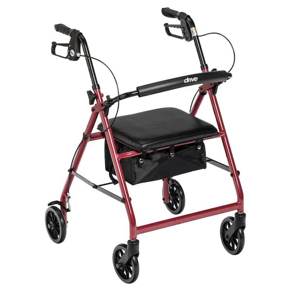 Drive Medical Rollator Rolling Walker with 6 in. Wheels, Fold Up Removable Back Support and Padded Seat, Red