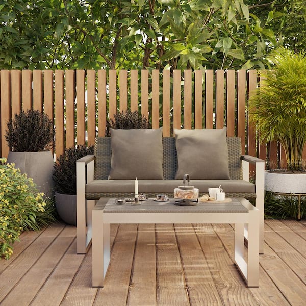 Clihome 2-Piece Full Aluminum Woven Rattan Double Sofa and Coffee Table Patio Conversation Set with Khaki Cushions