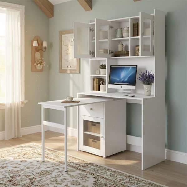 ［アオイ］デスク Aoibox 59 in. White Home Office Computer Desk with Hutch