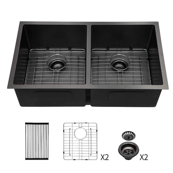 33 in. Undermount Double Bowl 16-Gauge Gunmetal Black Stainless Steel Kitchen Sink with Bottom Grids