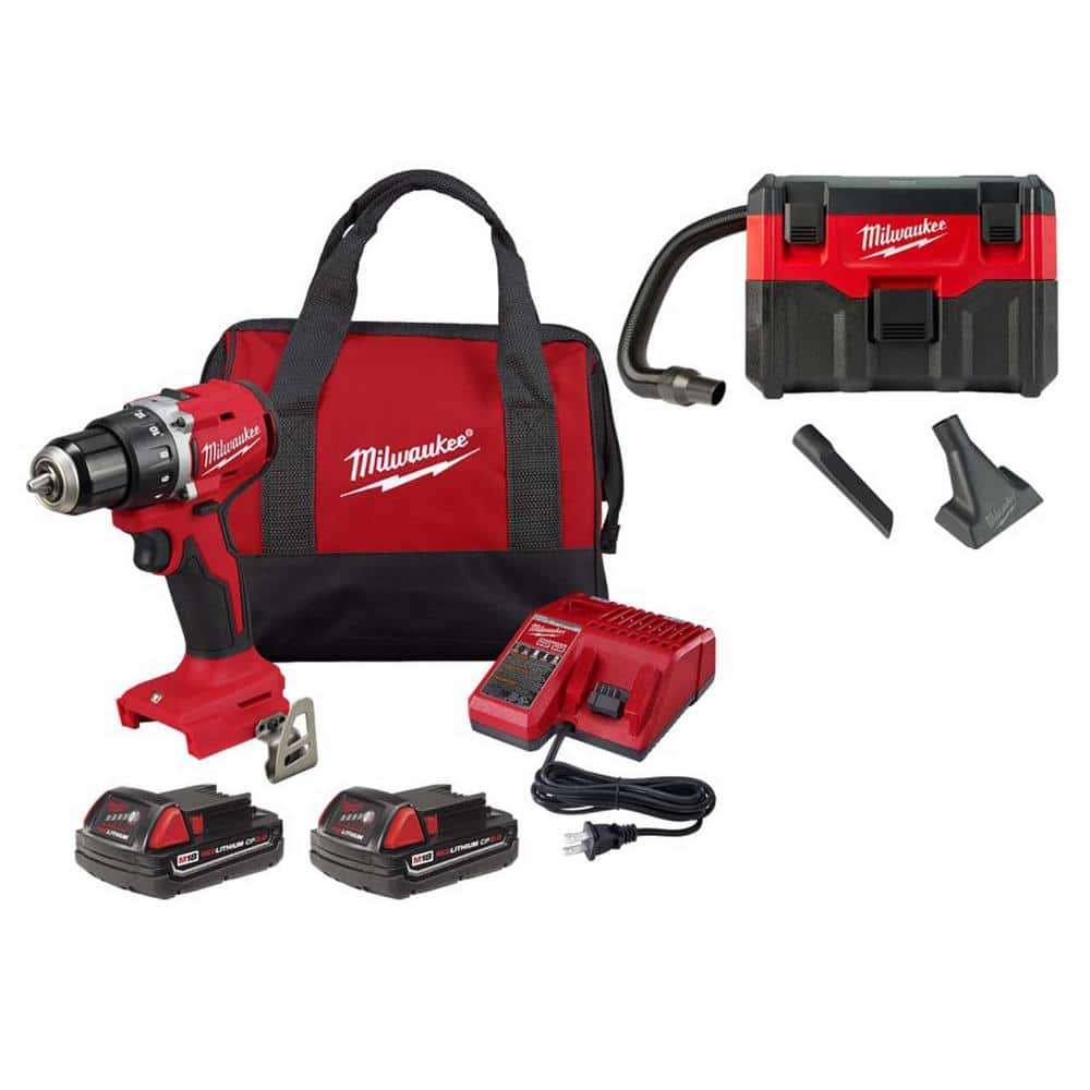 M18 18-Volt Lithium-Ion Brushless Cordless 1/2 in. Compact Drill/Driver Kit with M18 2 Gal. Cordless Wet/Dry Vacuum -  Milwaukee, 3601-22CT-0880