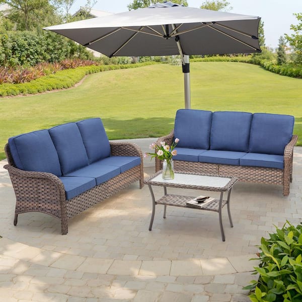 3-Piece Wicker Patio Conversation Set Outdoor Sofas with Side Table and Blue Cushions