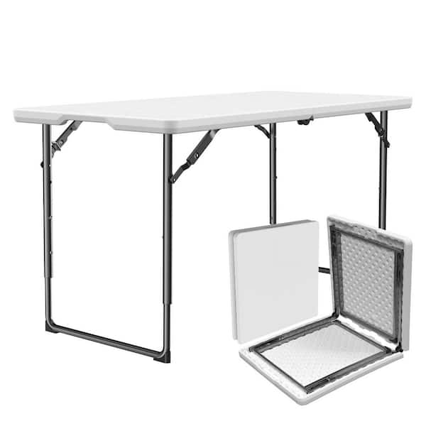 48 in. L Rectangle White Fold-in-Half Plastic Folding Table Small Adjustable Height Foldable Table
