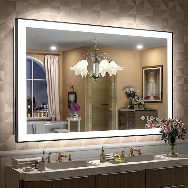 Apmir 48 in. W x 32 in. H Rectangular Space Aluminum Framed Dual Lights Anti-Fog Wall Bathroom Vanity Mirror in Tempered Glass