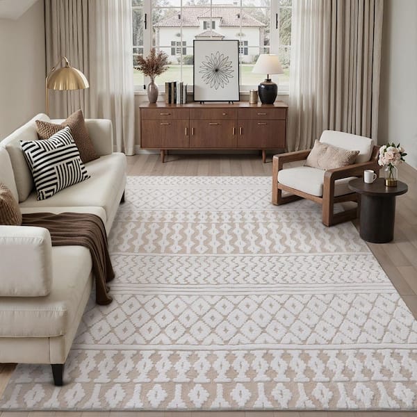 Wave 8 ft. x 10 ft. Beige Striped Washable Microfleece Area Rug
