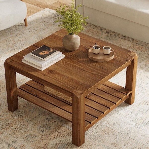 Brown 31.5 in. Square Solid Wood Coffee Table, 2-Tier Center Table with Rounded Corners for Living Room Home