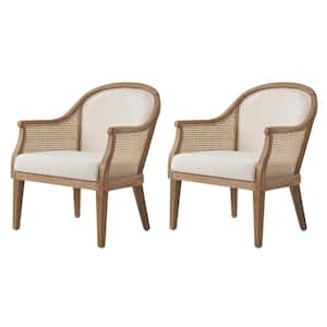 Cyril Farmhouse Rattan Solid Wood Armchair with Imitation Linen Fabric Set of 2-Ivory