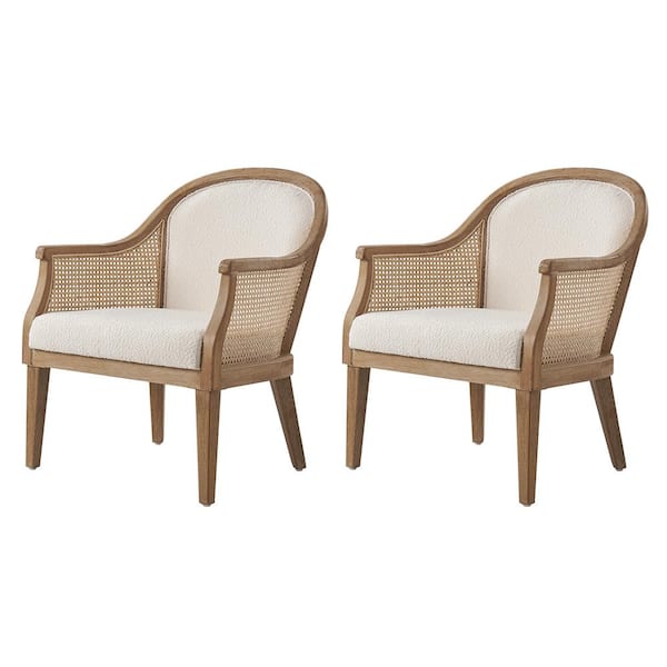 JAYDEN CREATION Cyril Farmhouse Rattan Solid Wood Armchair with Imitation Linen Fabric Set of 2-Ivory