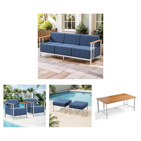3-Seat Sofa, 2-Piece Lounge Chair, Coffee Table with Wood Grain Top and Ottoman with Blue Cushions (2-Pack) Combo