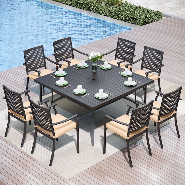 9-Piece Metal Patio Outdoor Dining Set with Square Table and Metal Chairs with Beige Cushions