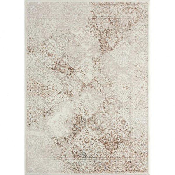HomeRoots Beige Cream and Brown 5 ft. x 7 ft. Damask Stain Resistant Area Rug