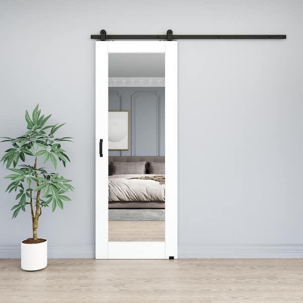 28 in. x 80 in. 1 Lite Mirrored Glass White Primed MDF Top Mount Sliding Barn Door with Hardware Kit and Soft Close
