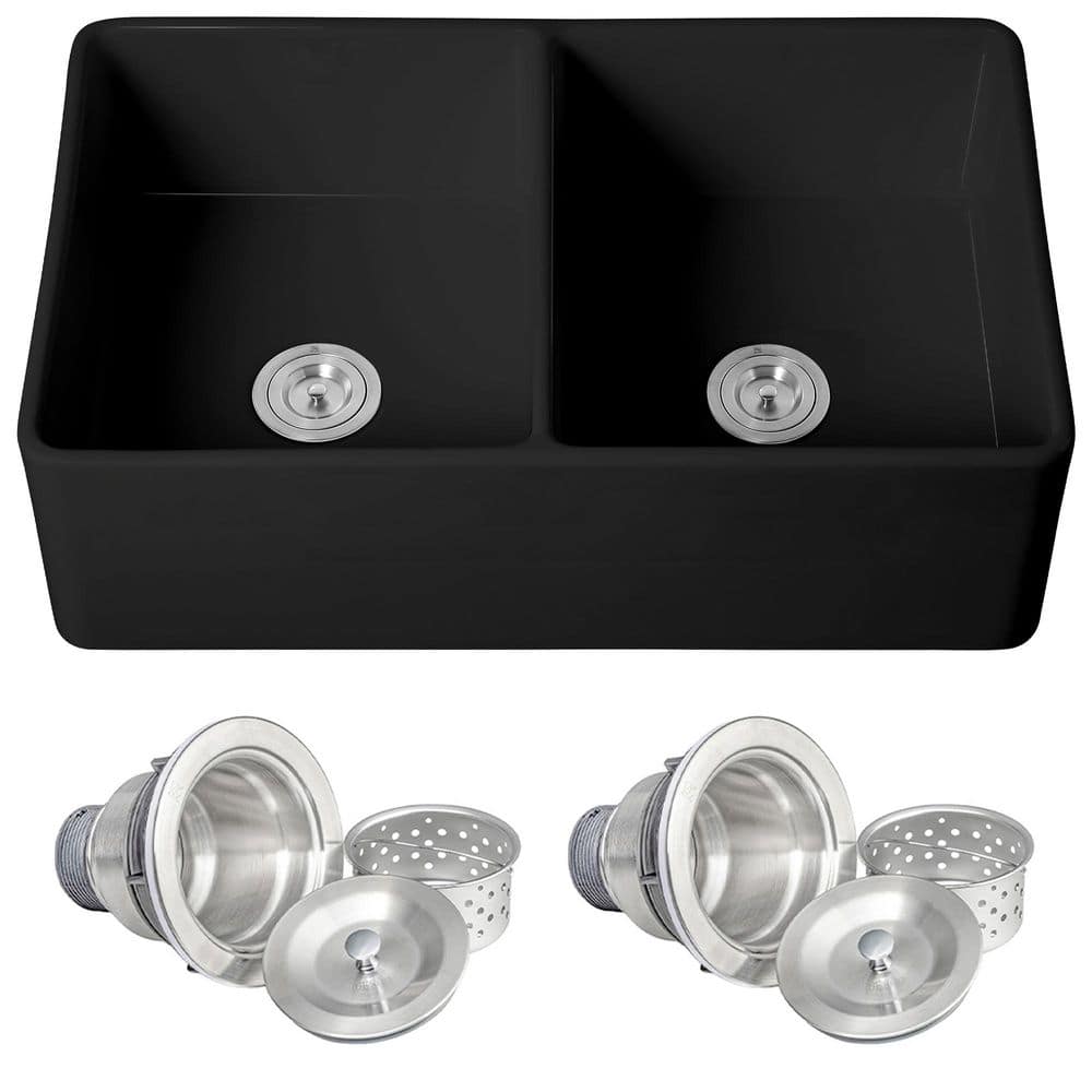 Black Fireclay 33 in. Double Bowl Apron-Front Kitchen Sink with Basket Strainer price drop on PriceWatchPro