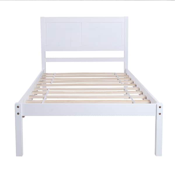 Wood White Twin Size Platform Bed with Headboard