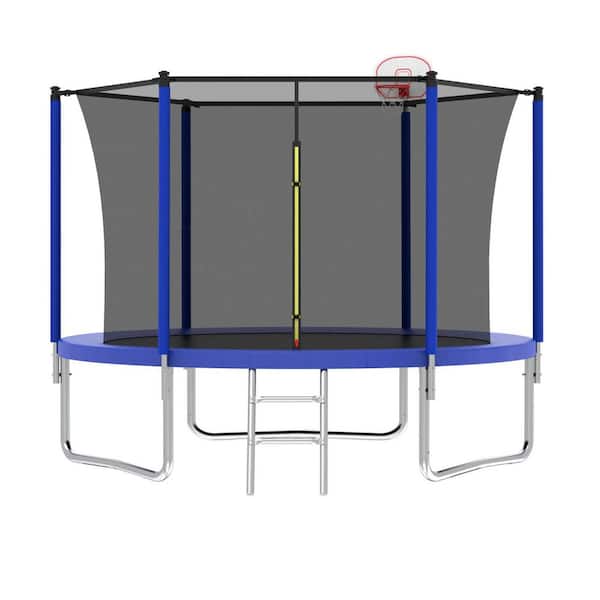 8 ft. Trampoline for Kids & Adults with Basketball Hoop and Ball, Recreational Trampolines with Safety Enclosure, Blue