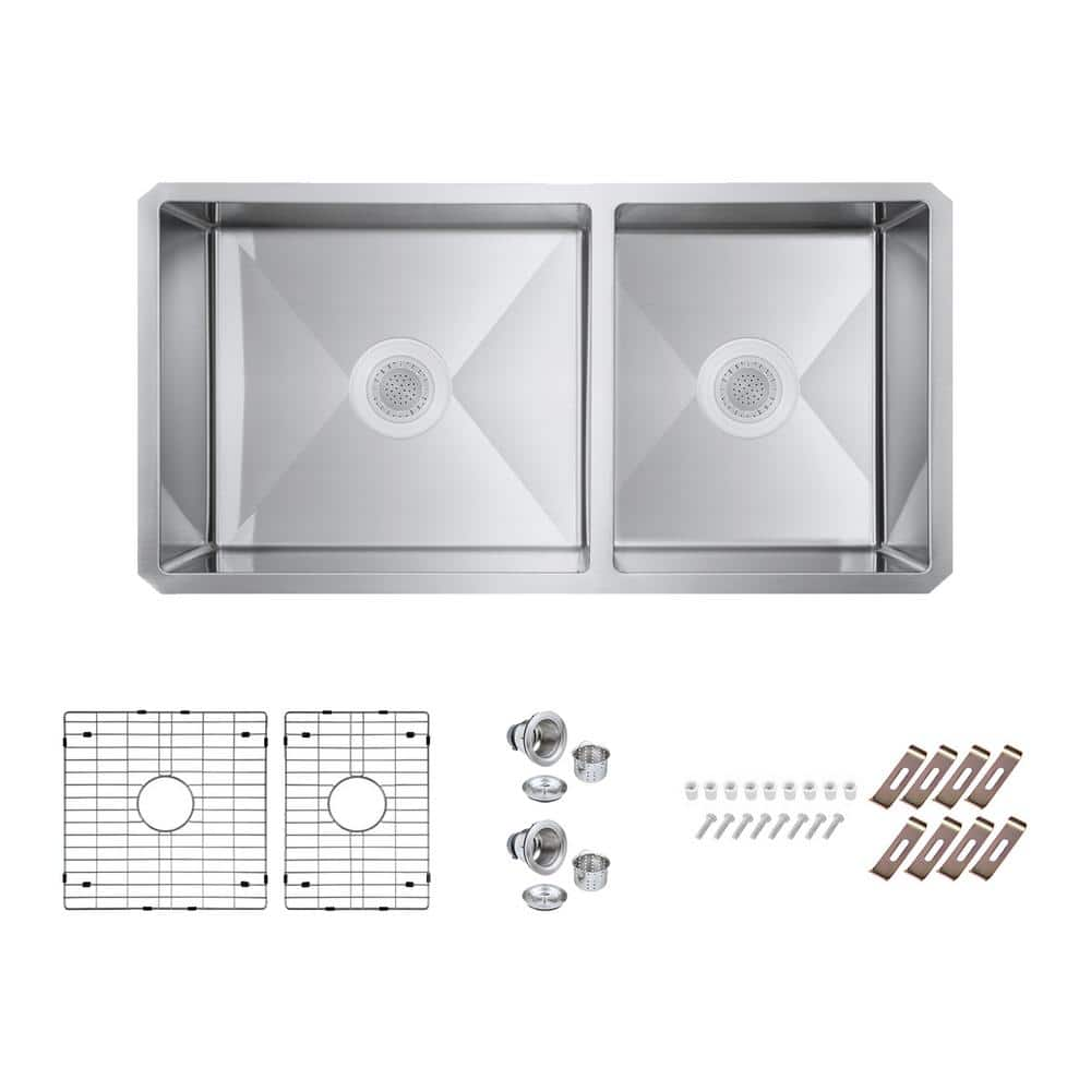 Bryn Handmade Stainless Steel 16- Gauge 36 in. Double Bowl Undermount Kitchen Sink with Bottom Grids, Drains -  PELHAM & WHITE, PWS163