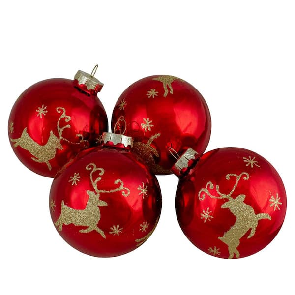 Northlight 3.25 in. (80mm) Red and Gold Deer Glass Ball Christmas Ornaments Set of 4