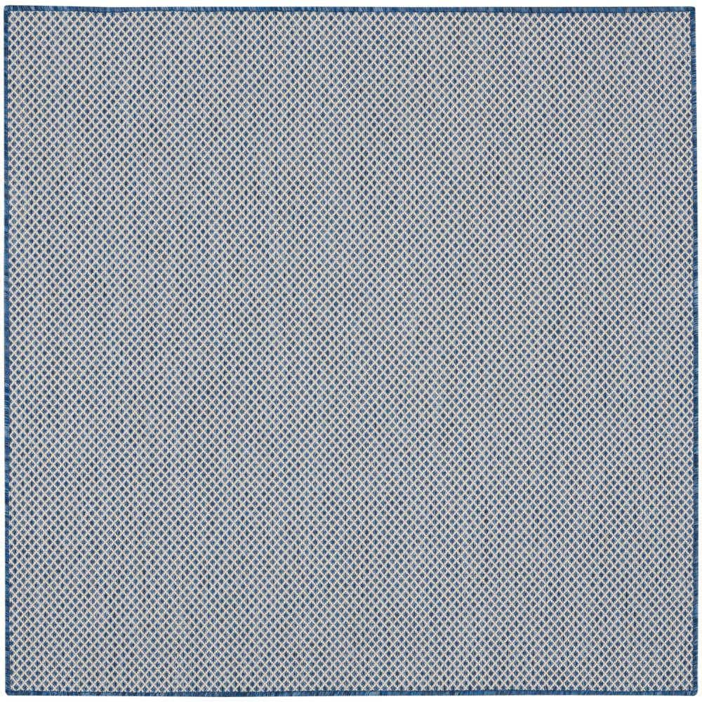 Ivory Blue Geometric 4' Square Synthetic Area Rug