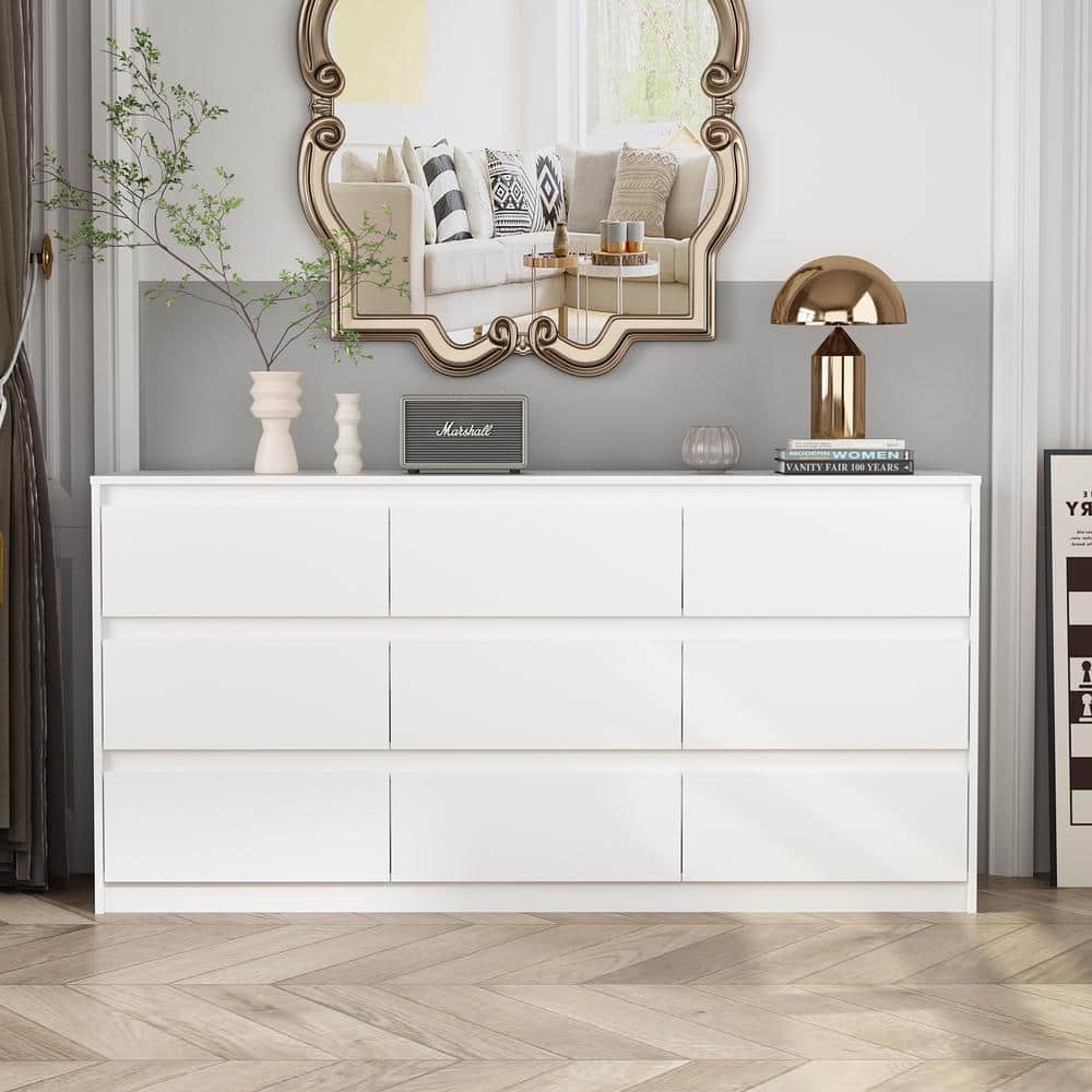 FUFU&GAGA White 9-Drawer Wood Chest of Drawers 31.5 in. H x 63 in. W x 15.7 in. D Dresser Storage Cabinet -  KF250020-01-c