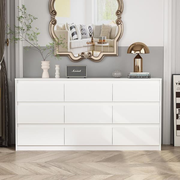 FUFU&GAGA White 9-Drawer Wood Chest of Drawers 31.5 in. H x 63 in. W x 15.7 in. D Dresser Storage Cabinet