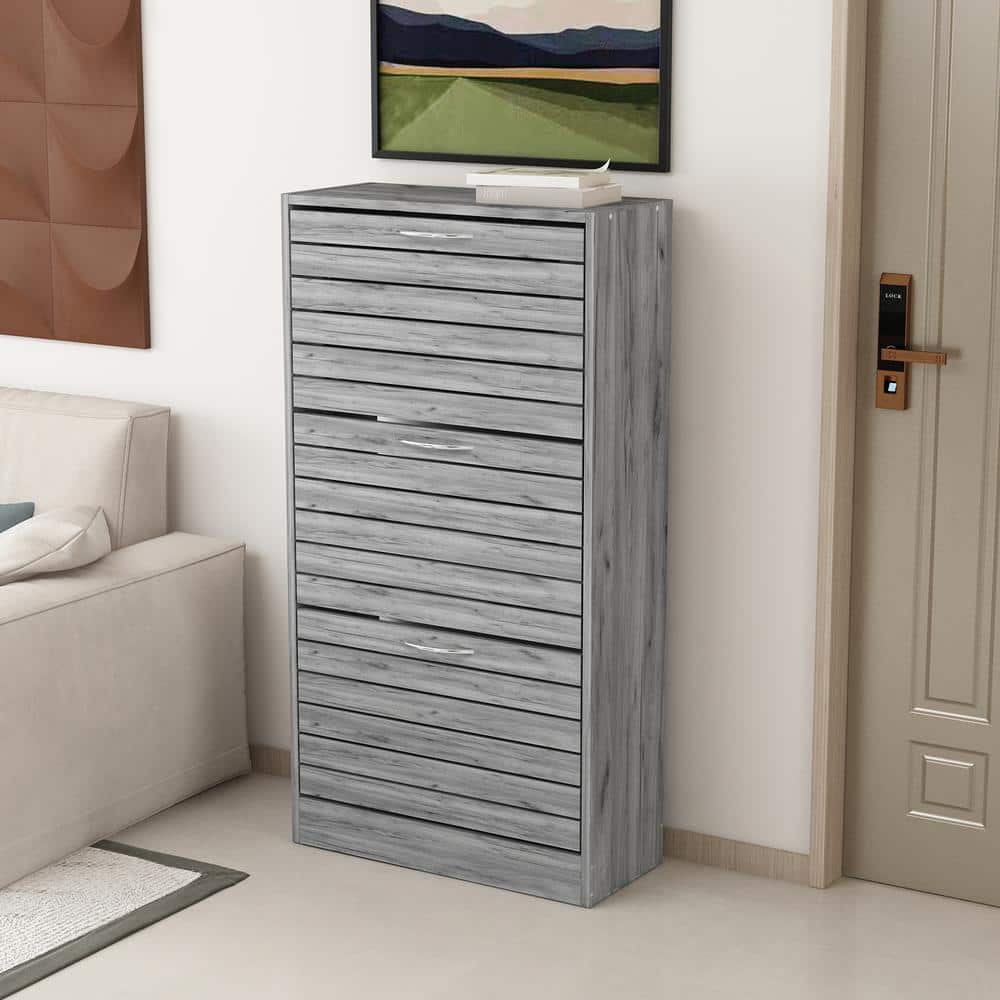Gray Wood 3-Tier Shoe Organizer with Drawers