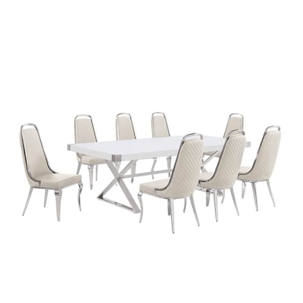Best Quality Furniture Miguel 9-Piece Rectangle White Wood Top Silver Stainless Steel Dining Set with 8 Cream Velvet Chairs