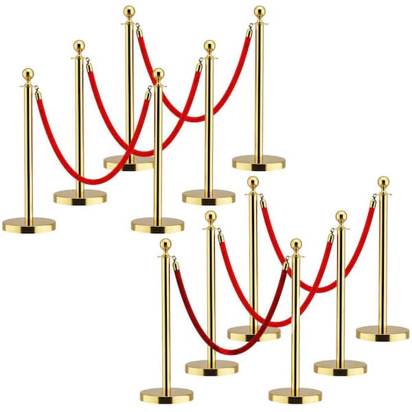 6-Pieces Stainless Steel Gold Stanchions with Red Velvet Rope, 5 ft. Crowd Control Barrier with Ball Top