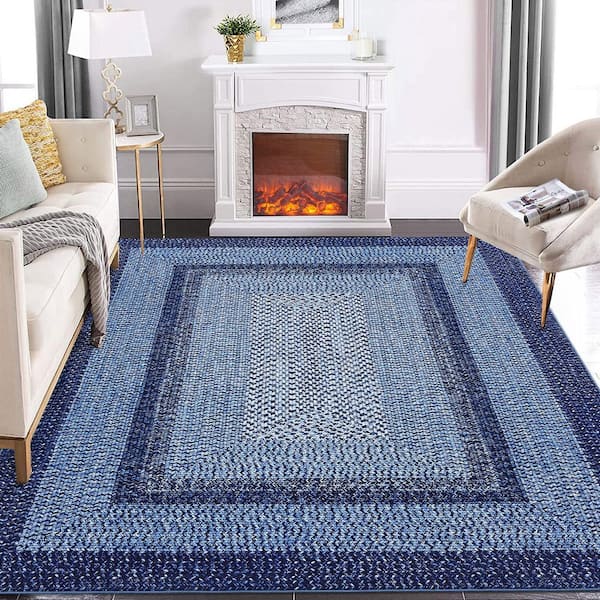 8 ft. x 10 ft. Navy Blue Modern Bordered Washable Rug Non Slip Throw Rugs for Entryway Soft Bedroom Entry Accent Rugs
