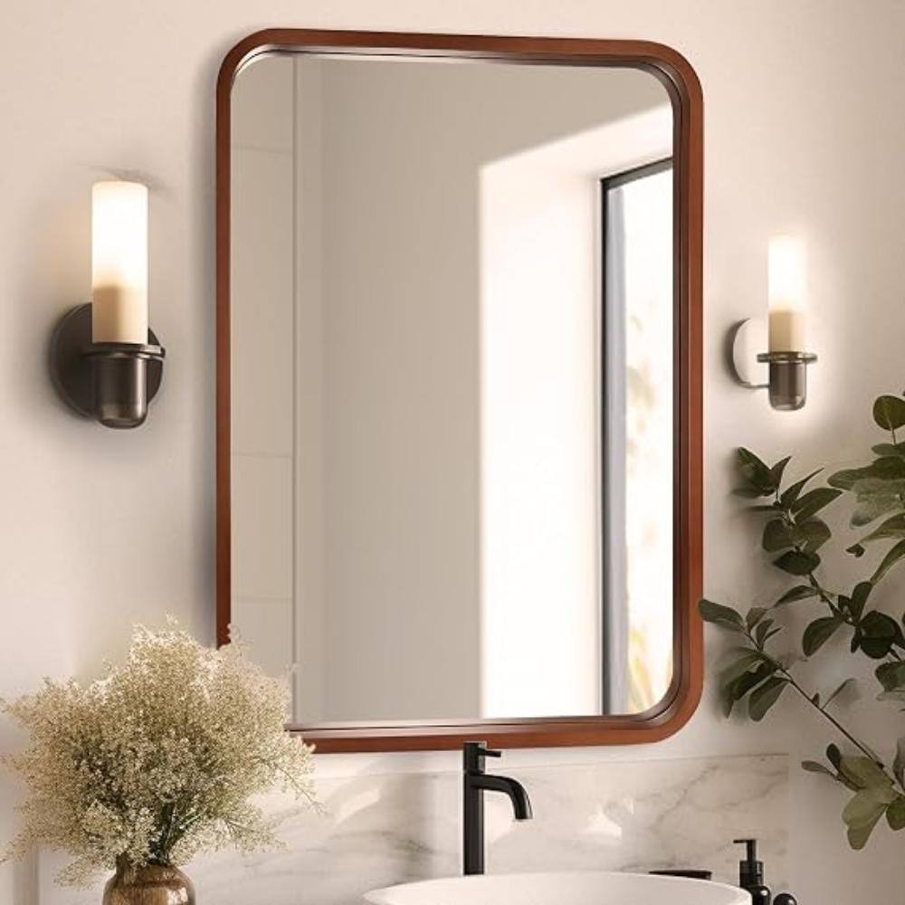 24 in. W x 32 in. H Wood Framed Rectangular Wall-Mounted Double Beveled Frame Bathroom Vanity Mirror, Walnut price history on PriceWatchPro