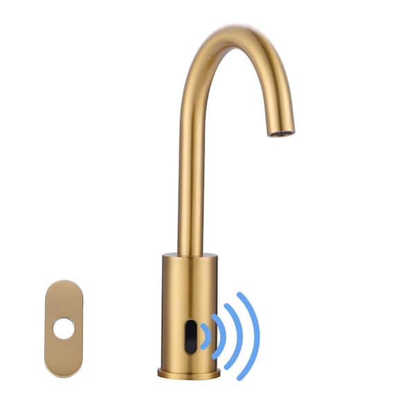 IVIGA DC Powered Commercial Sensor Touchless Single Hole High-Arc Bathroom Faucet with Deck Plate in Gold