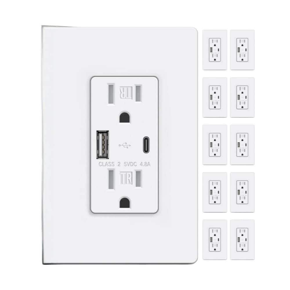 10-Pack 15 amp Wall Outlet with USB Ports, 4.8A/24W USB Receptacle with Type C and Type A, Tamper-Resistant, White price history on PriceWatchPro
