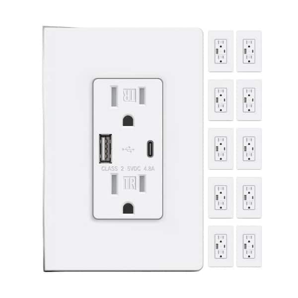 10-Pack 15 amp Wall Outlet with USB Ports, 4.8A/24W USB Receptacle with Type C and Type A, Tamper-Resistant, White